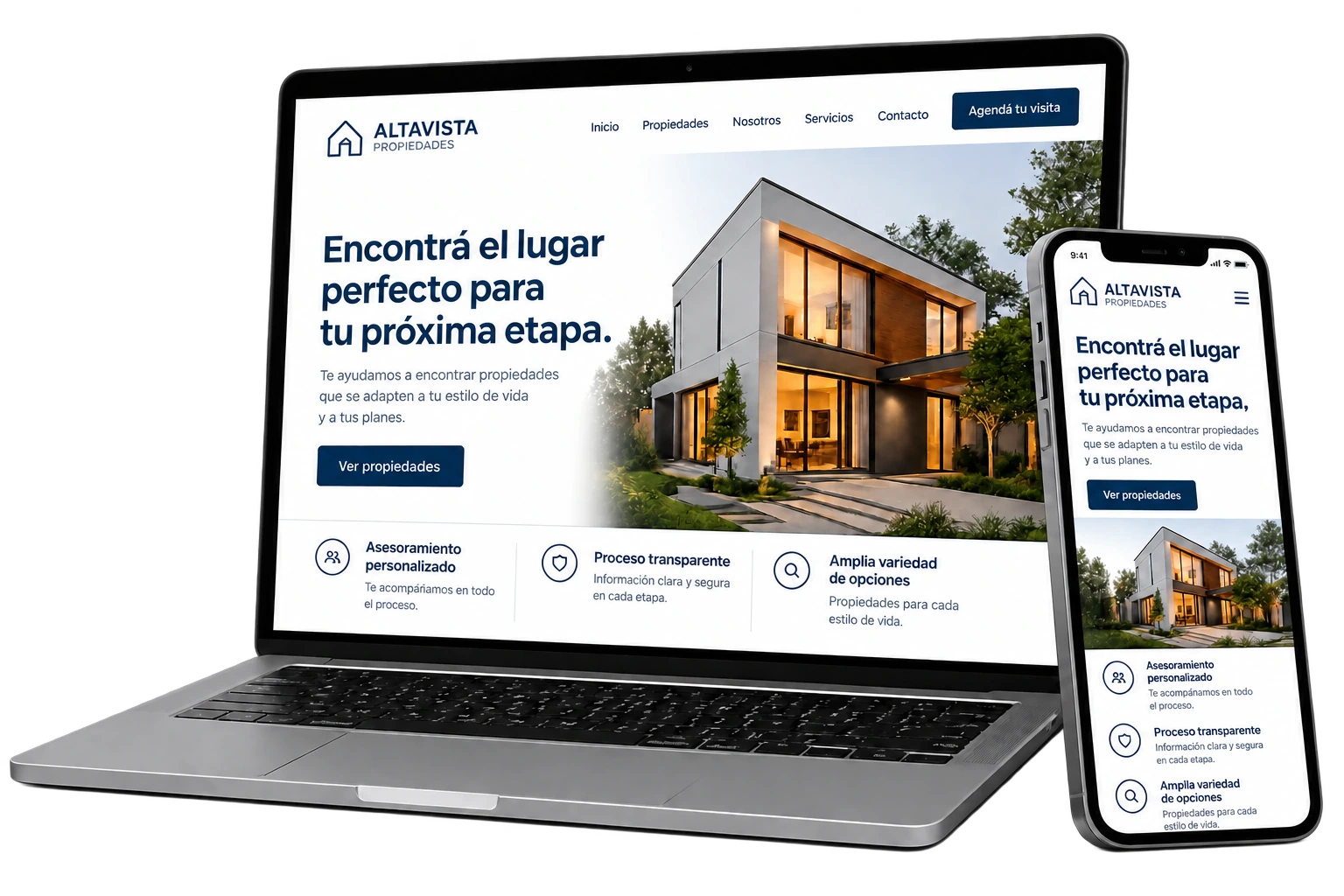 Ejemplo de sitio web responsive mostrado en computadora y celular
